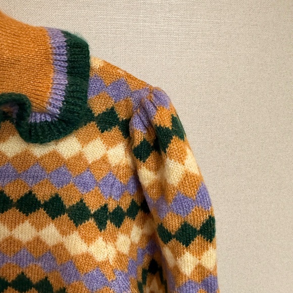 Mango Mustard Multi-Pattern Ruffle Collar Women's Sweater - Picture 3 of 4